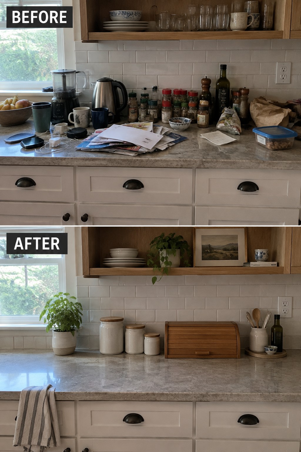 Before-and-after kitchen makeover image showing a cluttered counter cleared and arranged with a few jars, a bread box, and cooking utensils.