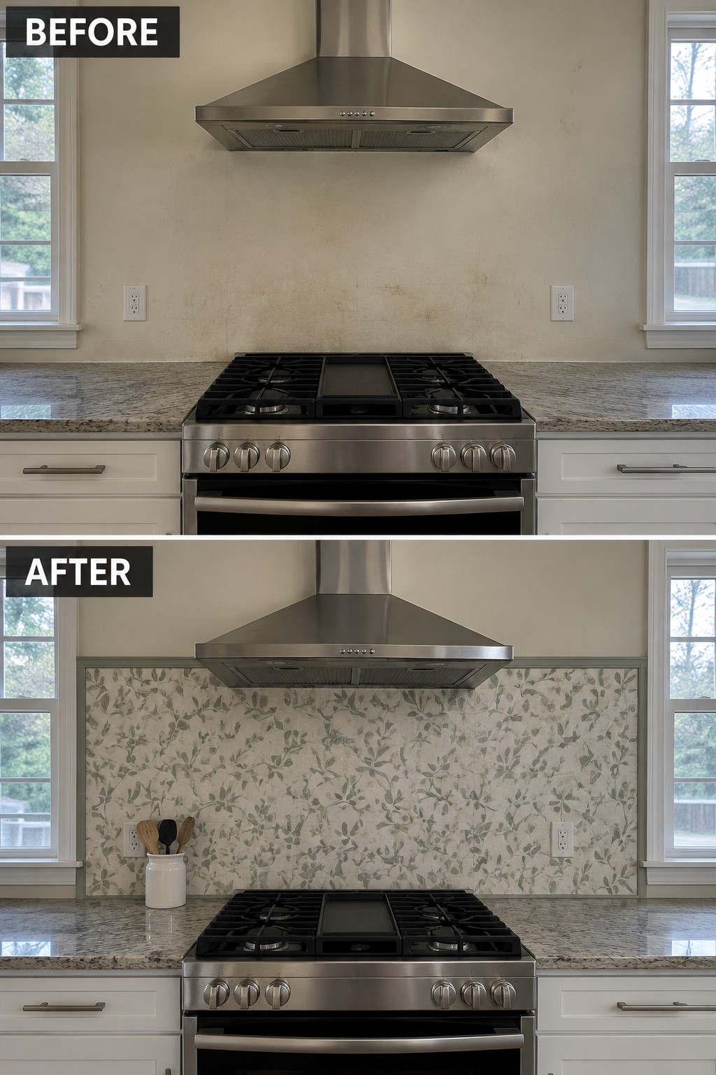 Before-and-after makeover image of a kitchen wall behind the range changed from plain, stained beige to leafy patterned wallpaper.
