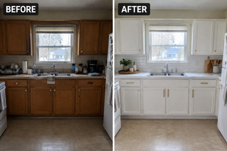 Before-and-after image of a kitchen with dark wood cabinets repainted white.