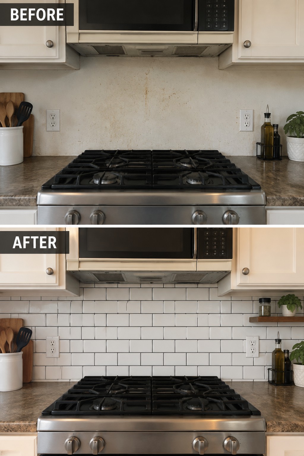 Before-and-after image of a kitchen backsplash changed from a stained plain wall to white subway tile behind the stove.