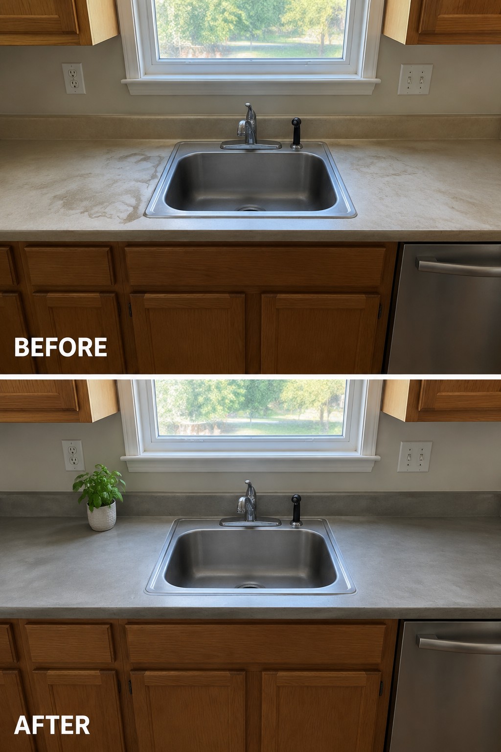 Before-and-after makeover image of a kitchen sink area with a stained countertop in the before photo and a cleaner-looking countertop in the after photo.