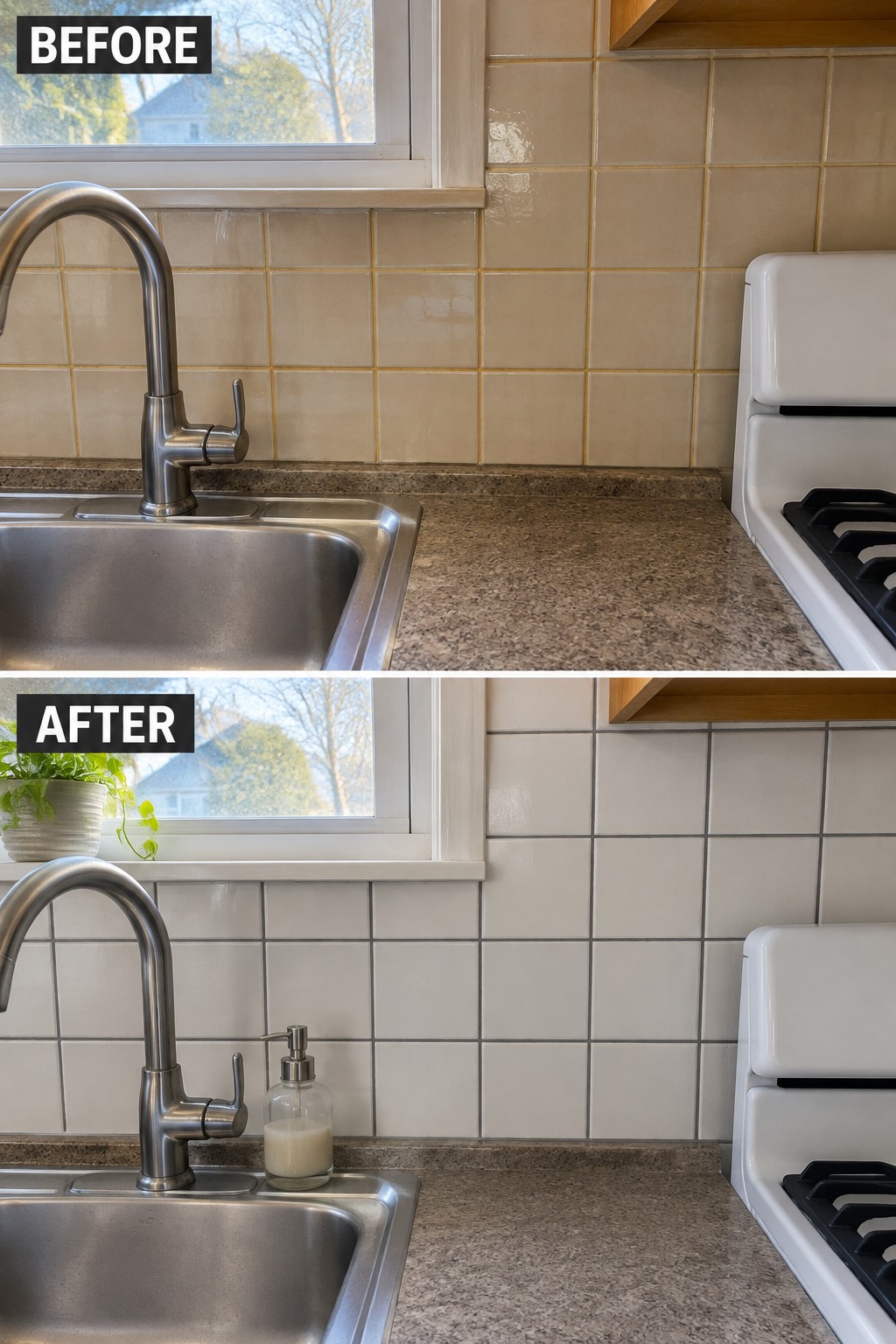 Before-and-after makeover image of a kitchen backsplash changed from beige tile to light gray tile, with a soap dispenser added beside the sink.