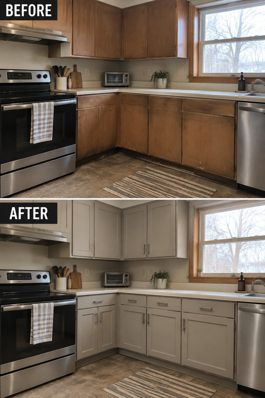 Before-and-after makeover image of a kitchen with worn brown cabinets updated with light neutral painted cabinets and new hardware.