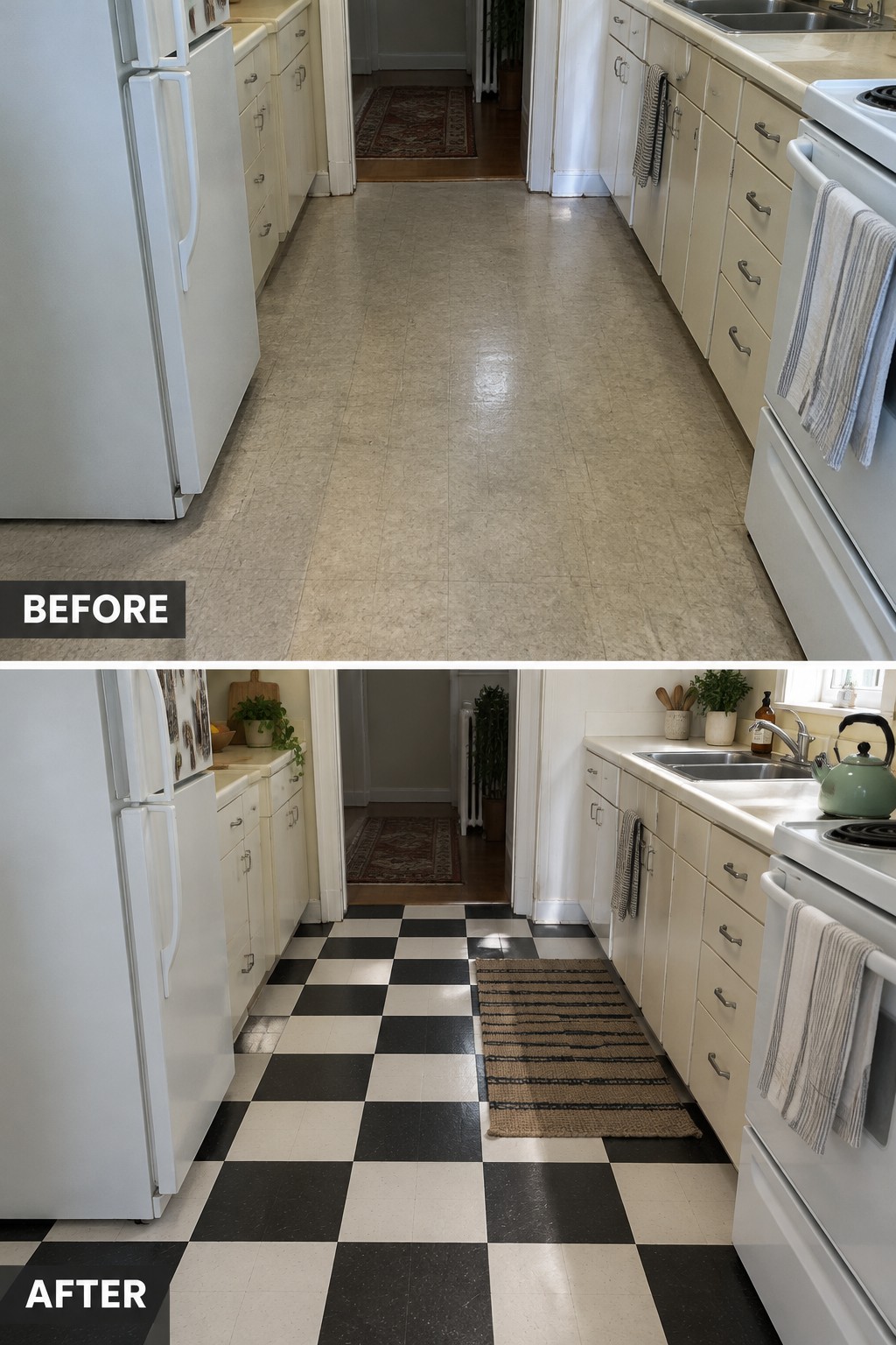 Before-and-after image of a kitchen with plain beige flooring changed to black-and-white checkerboard tile.