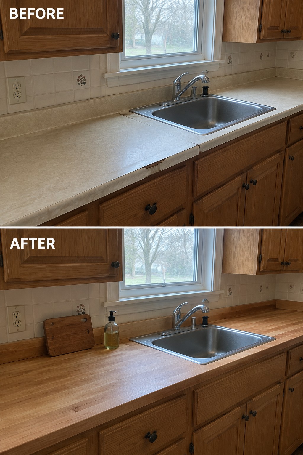 Before-and-after makeover image of a kitchen countertop changed from worn beige laminate to a wood butcher-block surface.