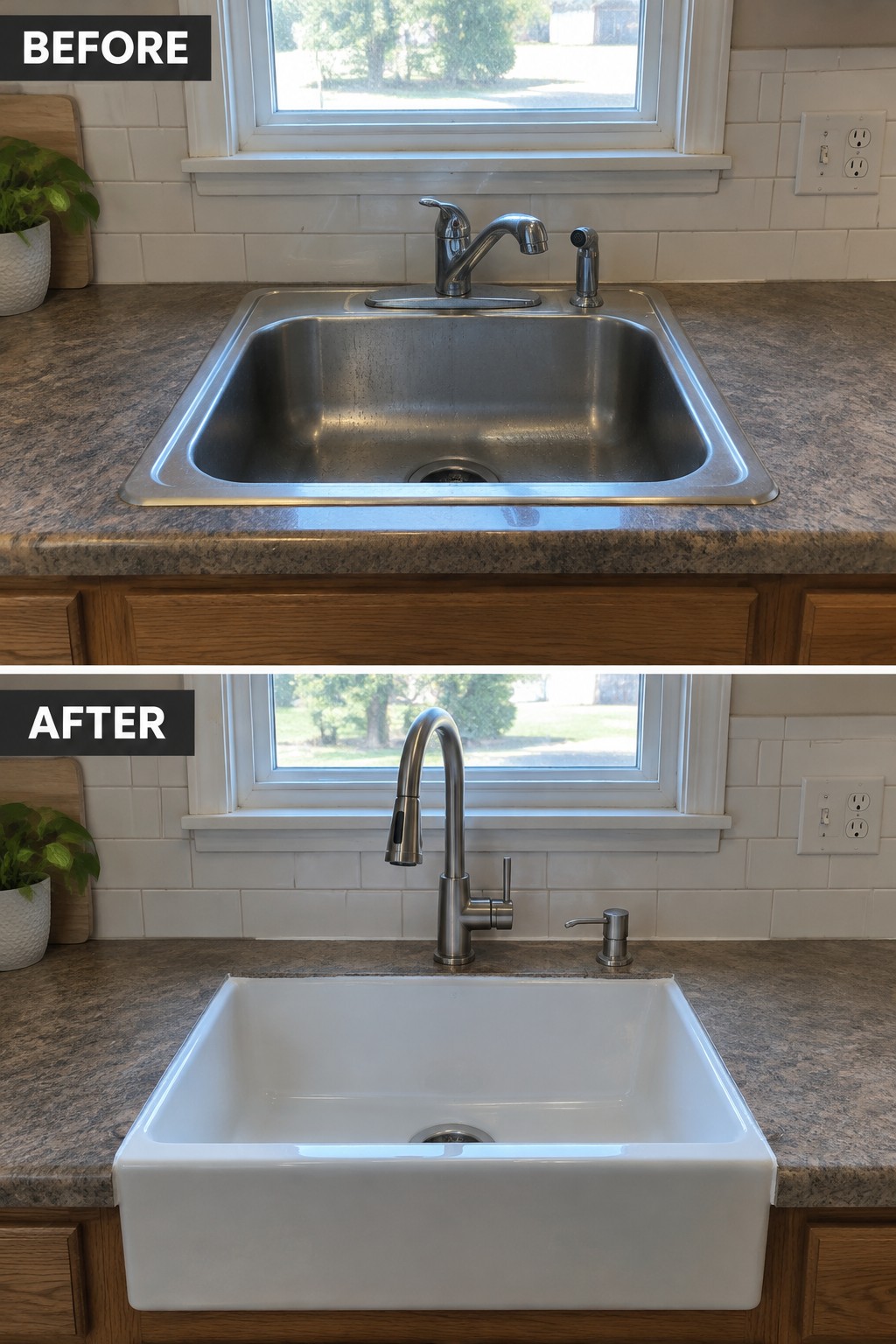 Before-and-after makeover image showing a stainless-steel drop-in kitchen sink replaced with a white farmhouse sink and a tall faucet.
