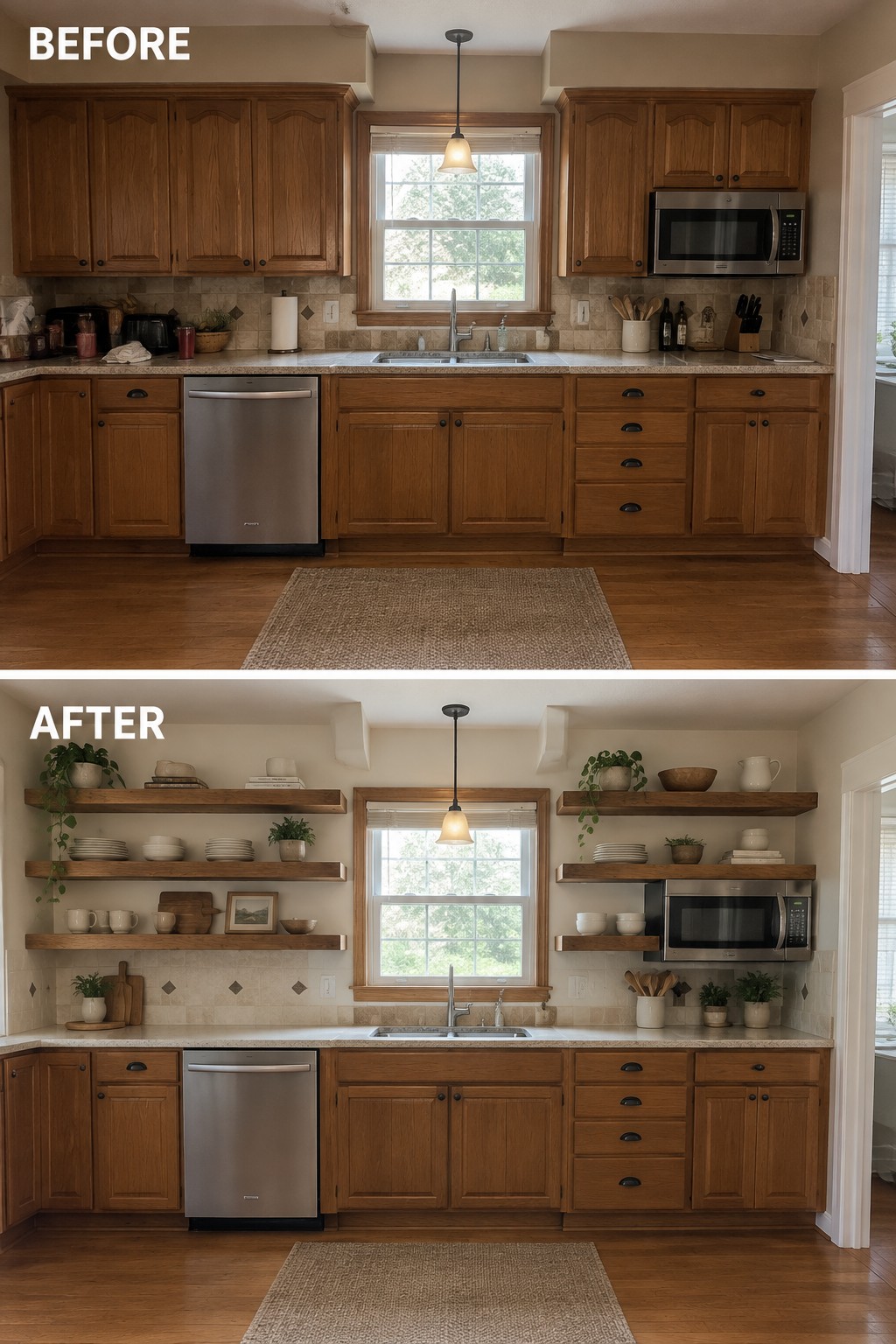 Before-and-after makeover image of a kitchen with upper cabinets replaced by open wooden shelves.
