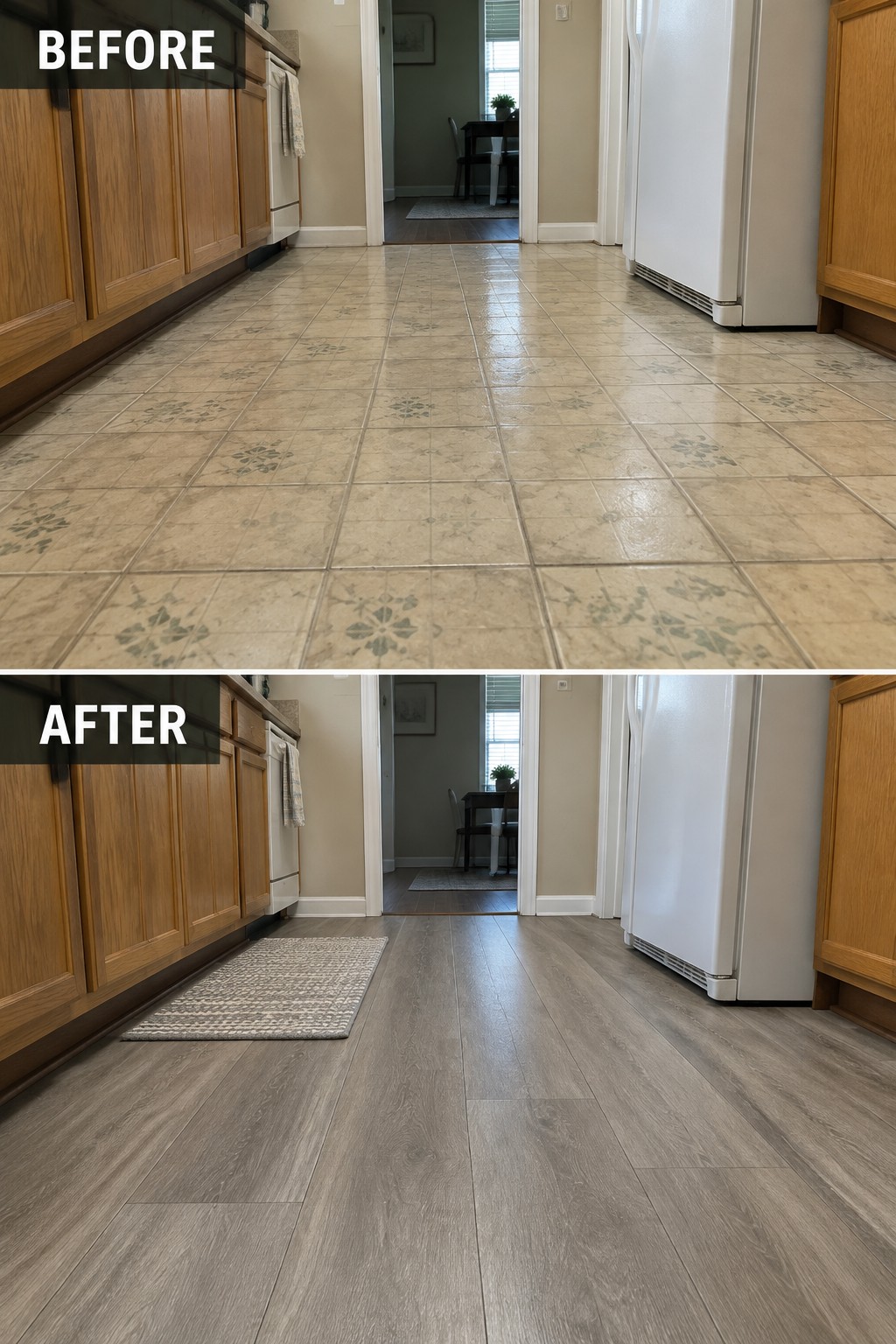 Before-and-after makeover image of a kitchen with patterned beige tile flooring replaced by gray-brown wood-look plank flooring.