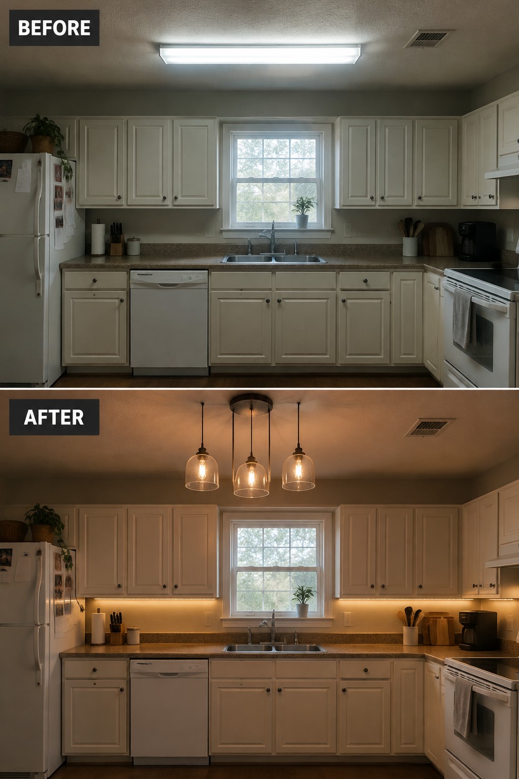 Before-and-after makeover image of a kitchen updated with pendant lights and under-cabinet lighting.
