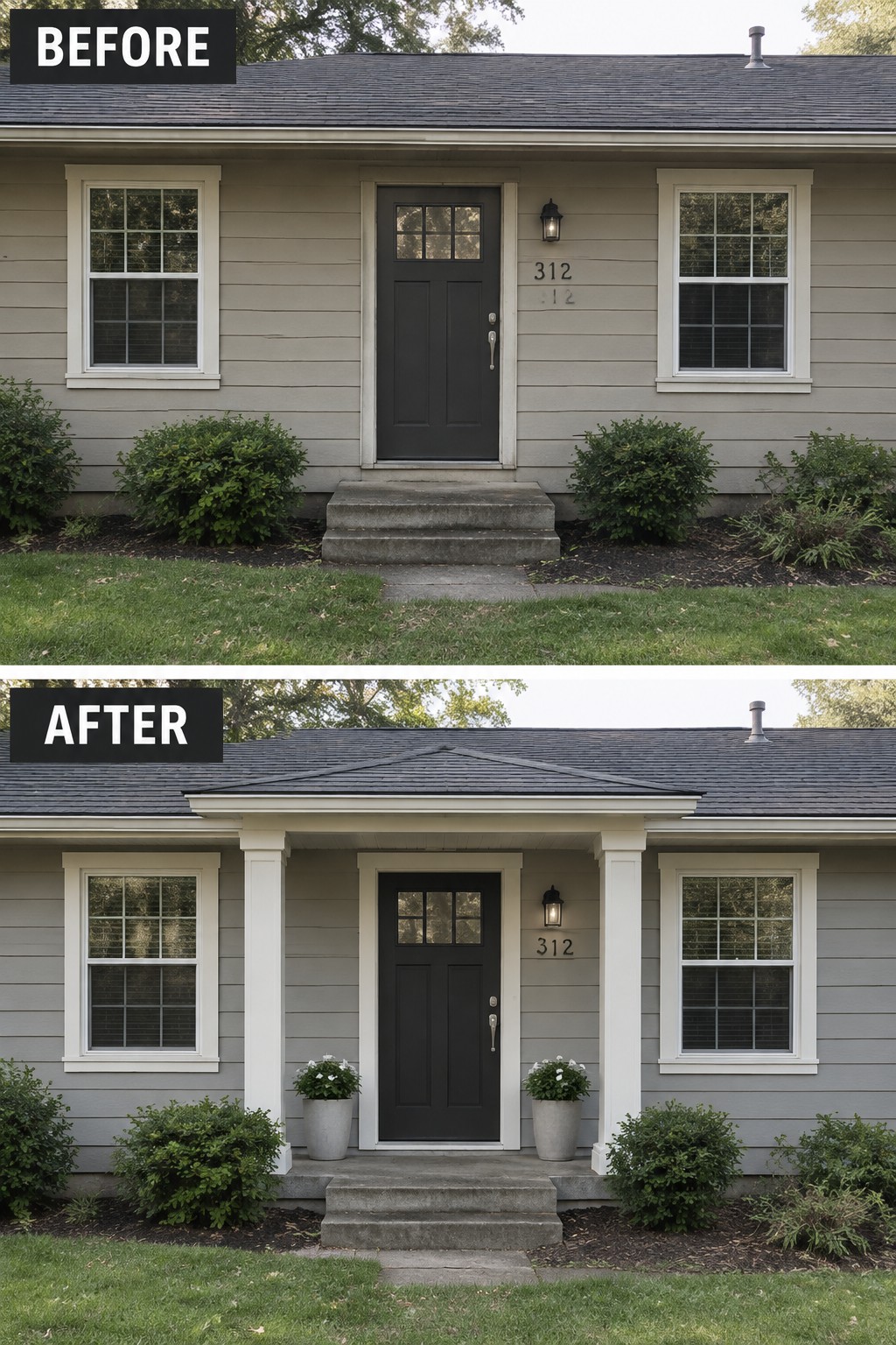 Before-and-after makeover image of a plain house exterior updated with a small porch roof and white columns around the front entry.