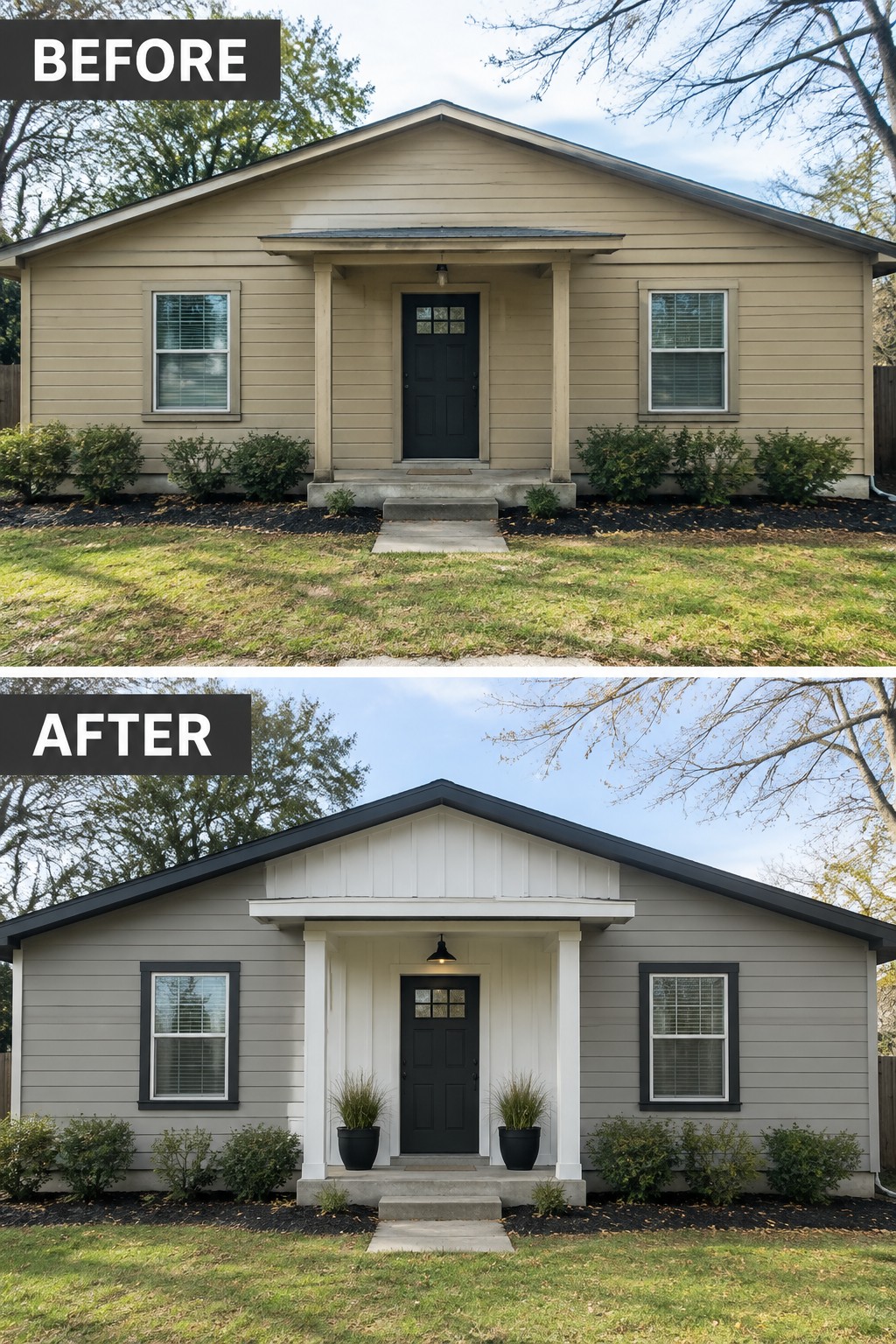 Before-and-after makeover image of a beige house updated with gray siding, dark roof and window trim, and a white entry surround.