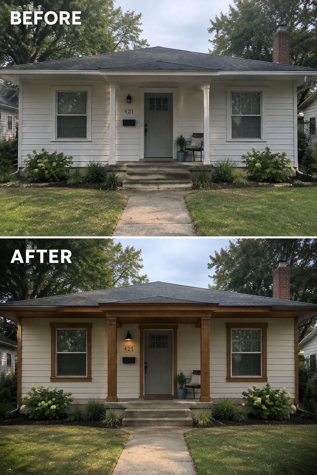 Before-and-after makeover image of a one-story house with white porch supports and window trim updated to dark wood.