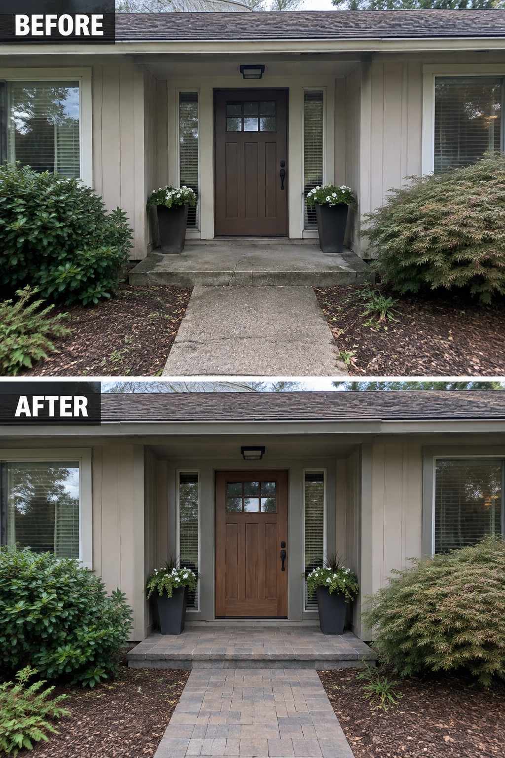 Before-and-after image of a front entry with a cracked concrete walkway replaced by a paver path and porch landing.