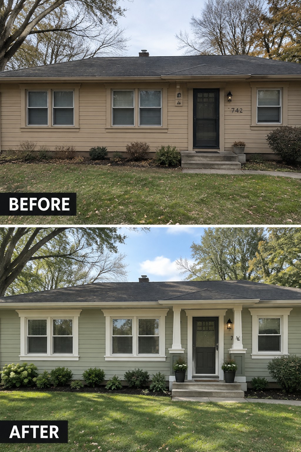 Before-and-after image of a ranch house with beige siding and minimal trim updated with muted green siding and white trim.