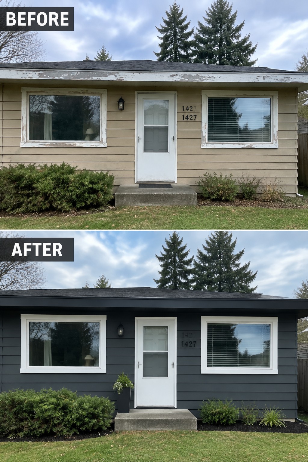 Before-and-after makeover image of a single-story house with faded beige siding repainted charcoal and white window trim.