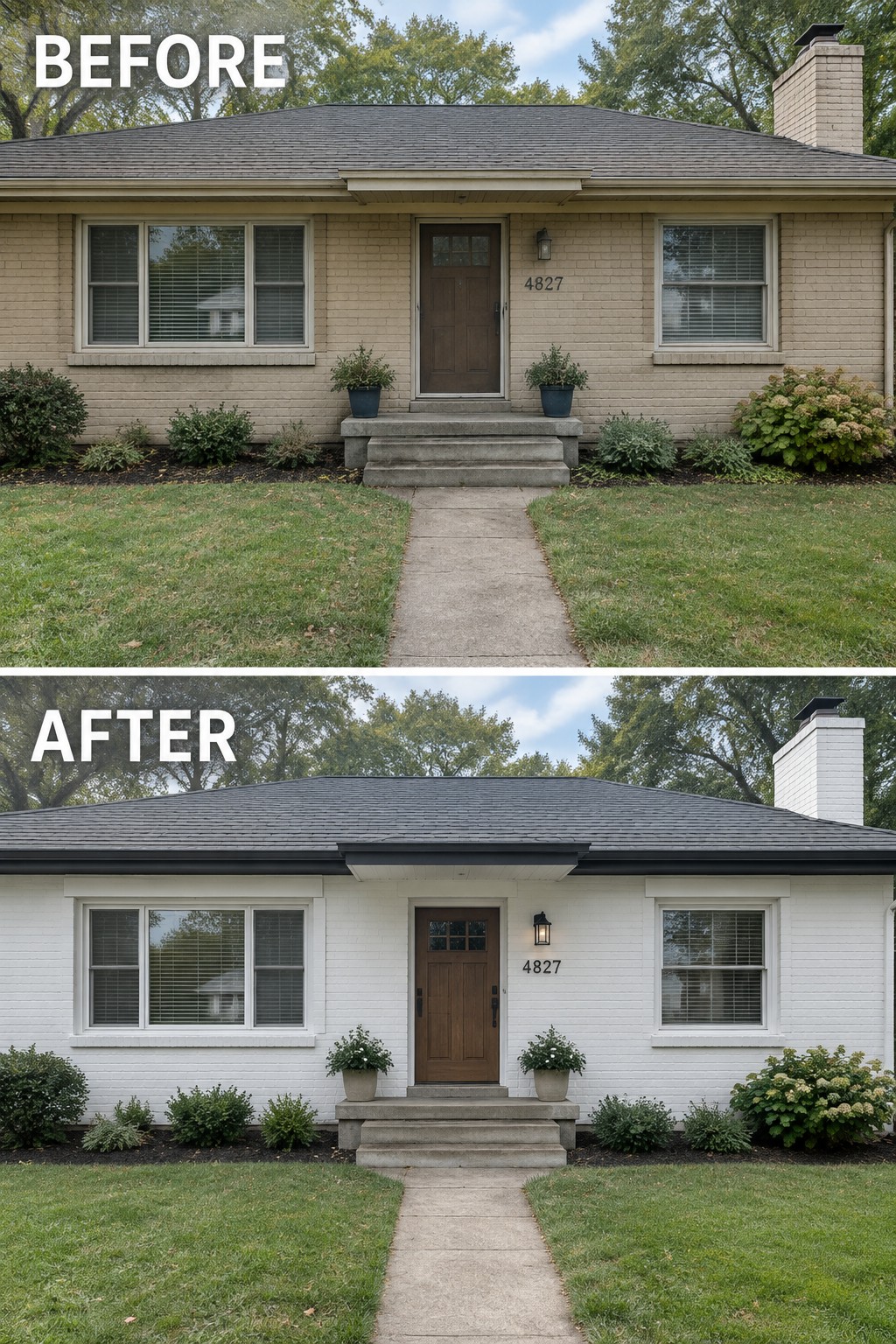 Before-and-after makeover image of a brick ranch house changed from beige brick with light trim to white brick with dark trim.