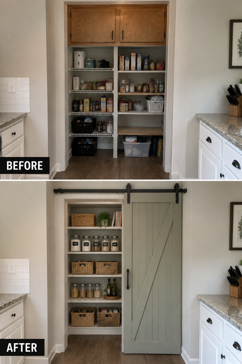 Before-and-after pantry makeover image showing crowded open storage changed to organized shelves behind a sliding barn door.