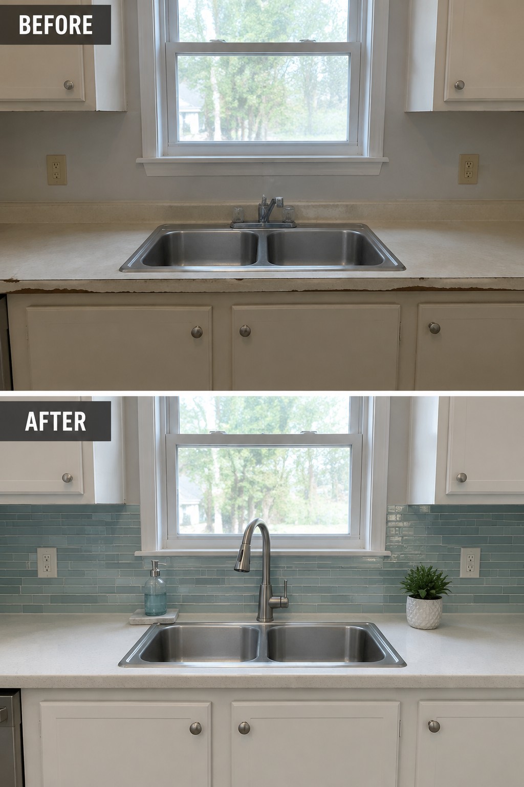 Before-and-after makeover image of a kitchen with a plain wall above the sink updated with a blue tile backsplash and a new faucet.