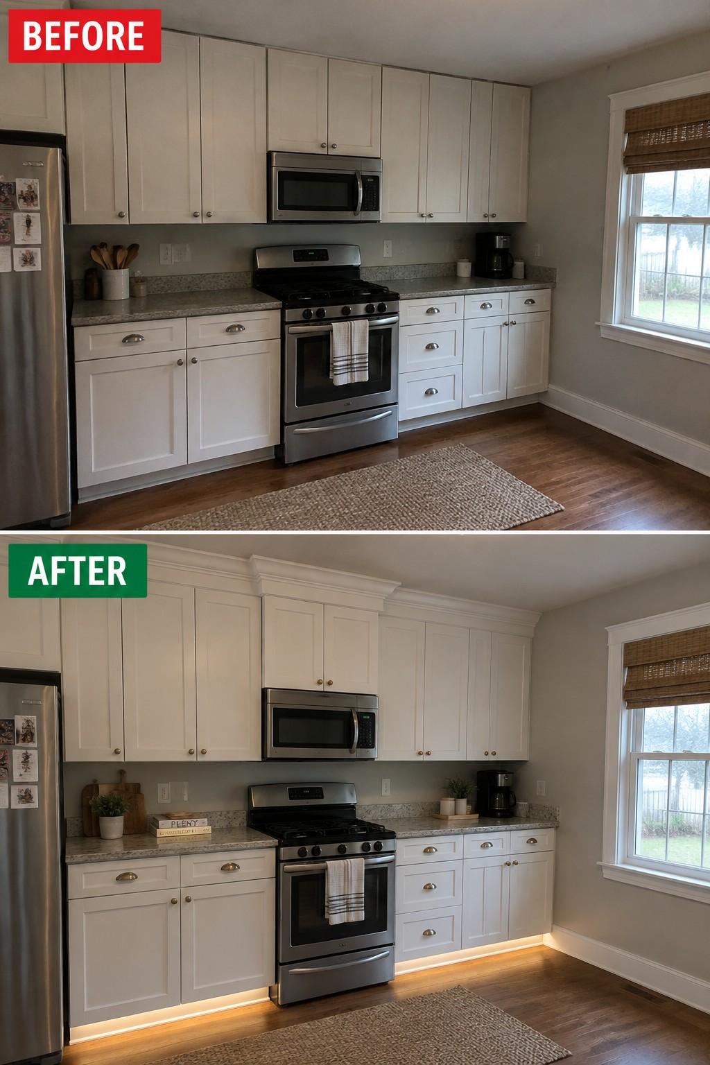 Before-and-after kitchen makeover image showing existing white cabinets updated with crown molding and under-cabinet lighting.