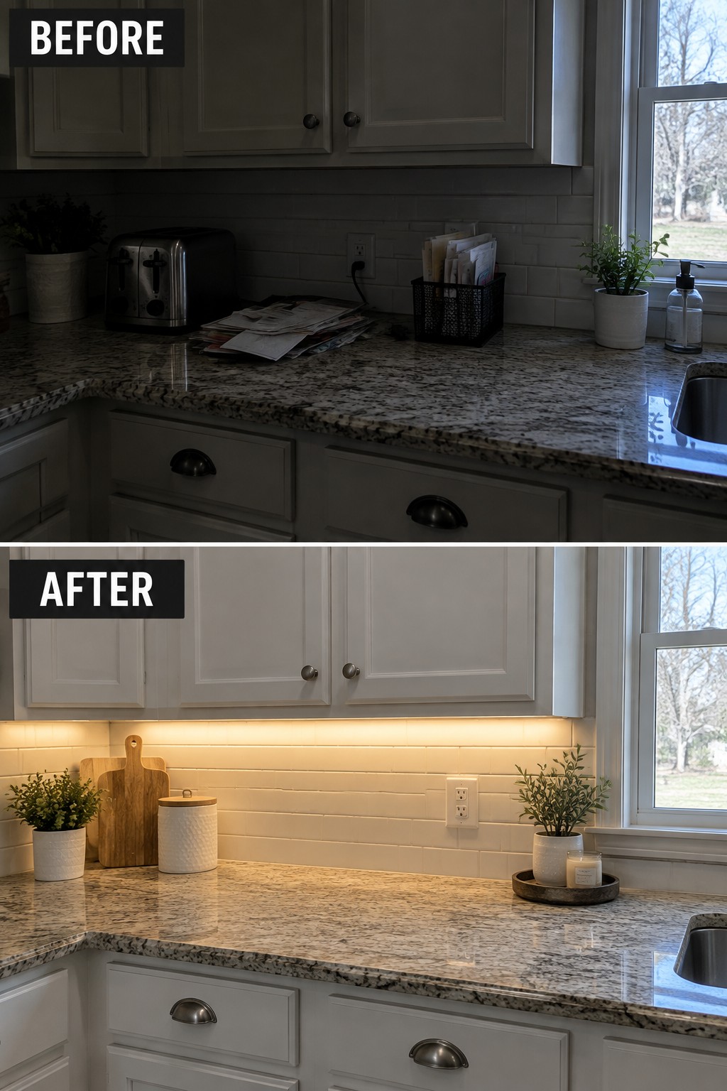 Before-and-after makeover image of a kitchen counter cleared of papers and small appliances, with under-cabinet lighting added and the existing cabinets retained.