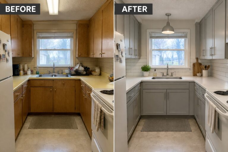 18 Eye-Catching Kitchen Remodel Before and After Ideas for Existing Cabinets Before-and-after kitchen makeover image showing wood cabinets updated with gray paint, along with a white backsplash and countertops.