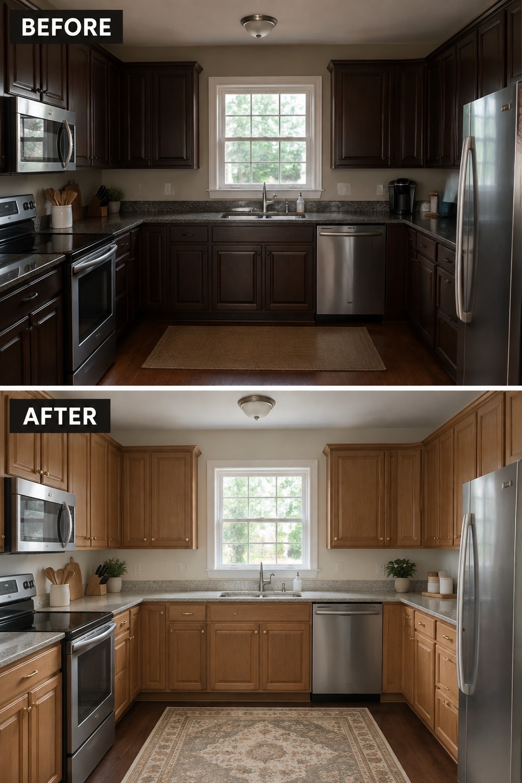 Before-and-after kitchen makeover image showing dark cabinets changed to a lighter wood finish while the layout and appliances remain similar.
