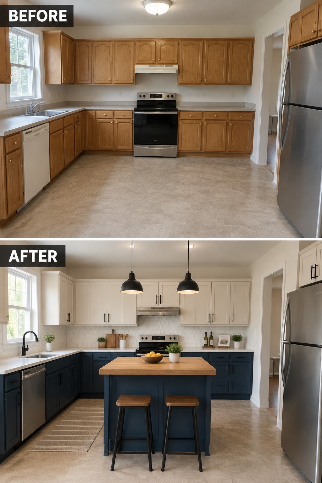 Before-and-after makeover image of a kitchen with wood cabinets updated to white upper cabinets and dark blue lower cabinets, plus a wood-topped island.