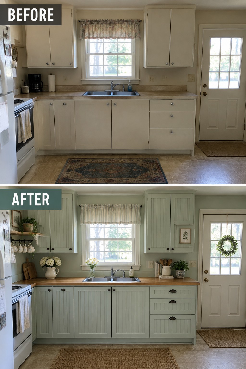 Before-and-after makeover image of a kitchen with plain cream cabinets updated to muted green cabinets with recessed panel doors and a wood countertop.