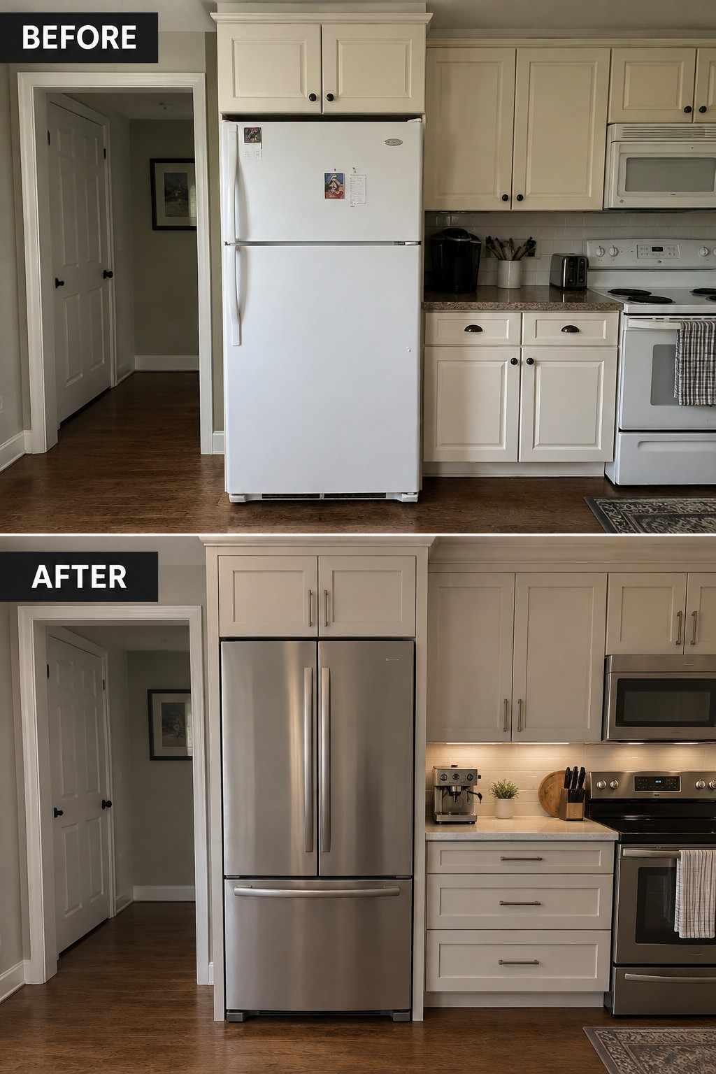 Before-and-after image of a kitchen with cream cabinets, updated with a stainless steel refrigerator, range, and microwave.
