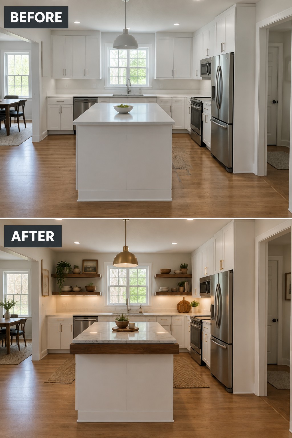 Before-and-after kitchen makeover image showing white cabinets updated with open wood shelves, brass hardware, and a warmer pendant light.