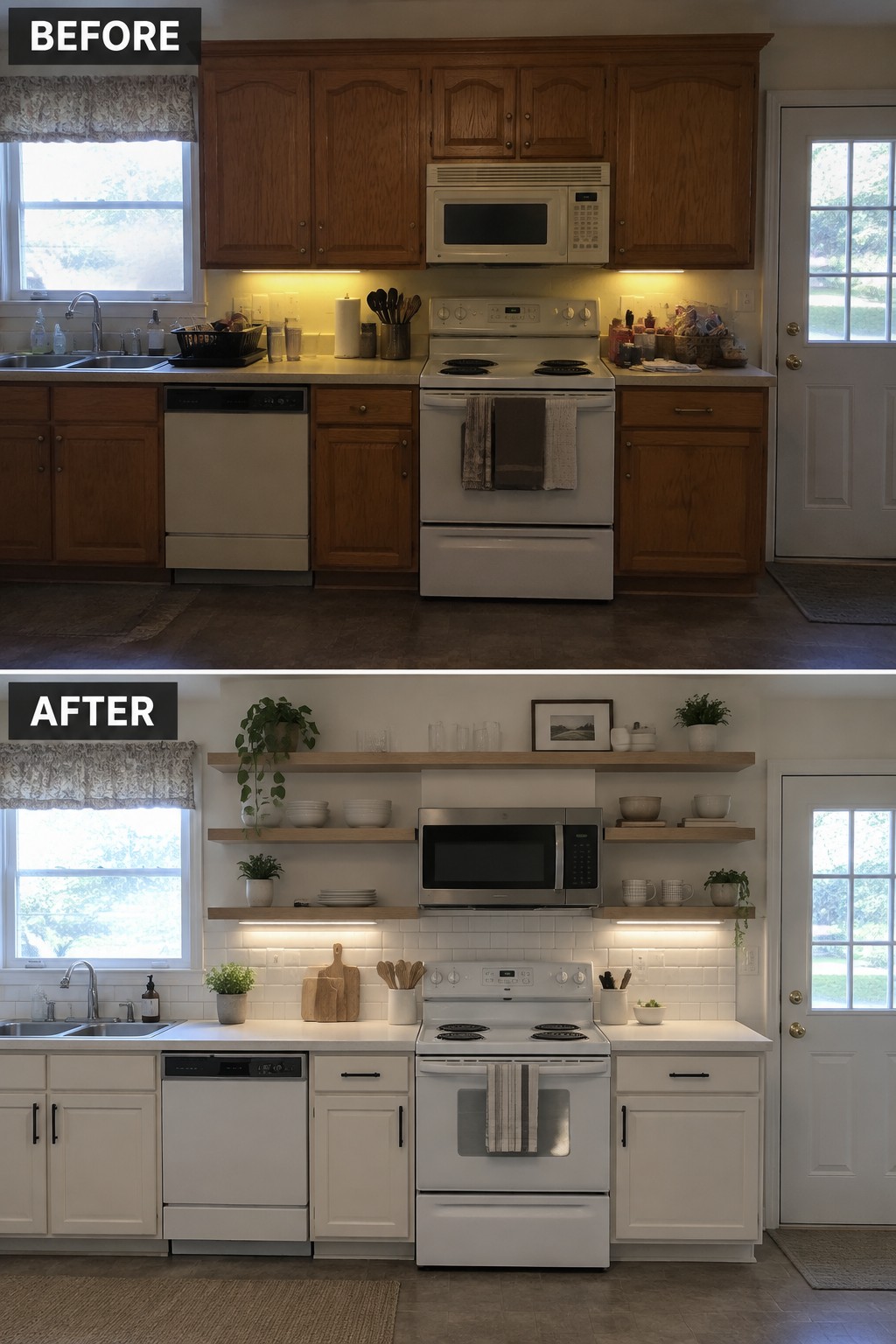 Before-and-after kitchen makeover image showing dark upper cabinets replaced with open wooden shelves and the lower cabinets painted white.
