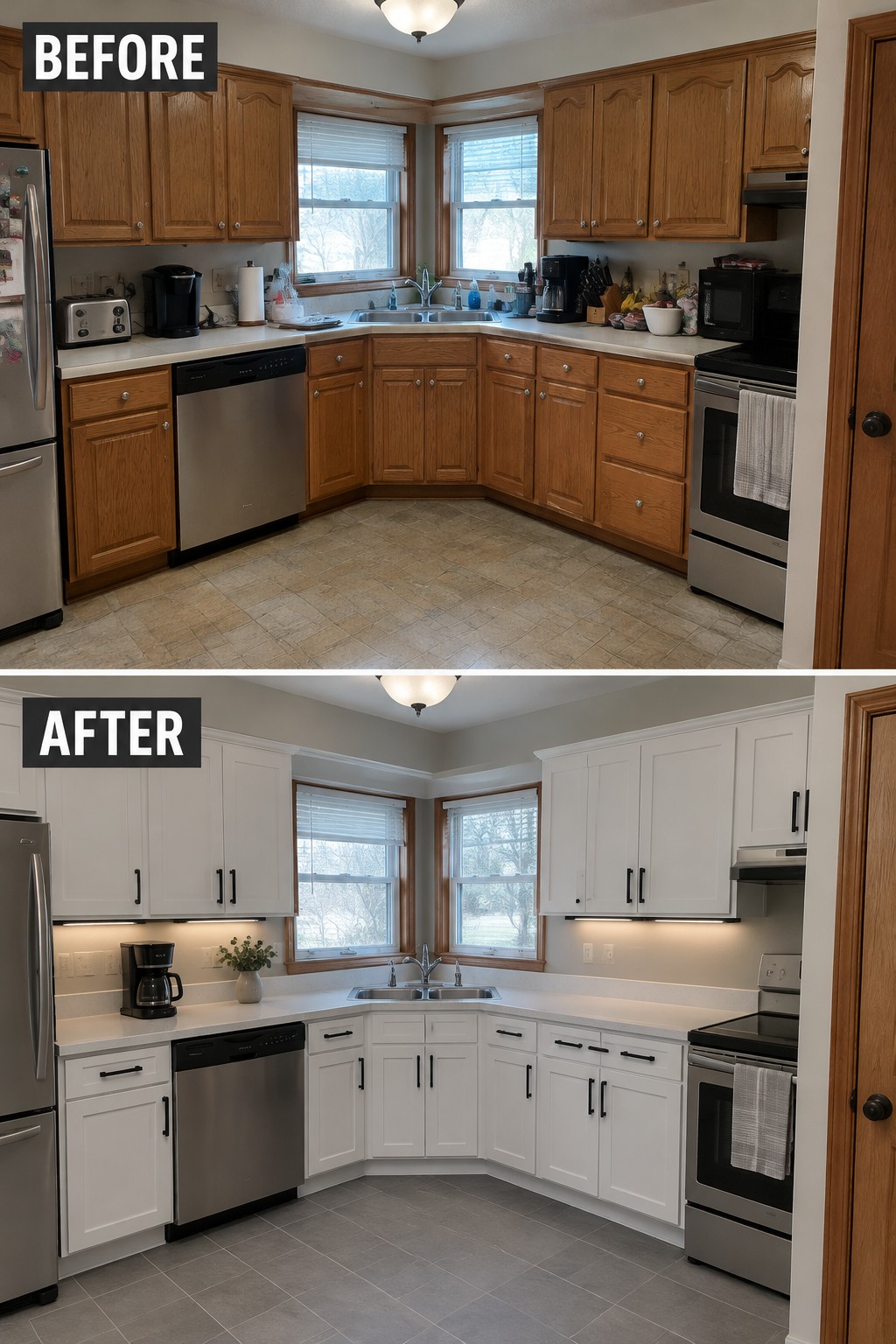 Before-and-after makeover image of a kitchen with wood cabinets repainted white and the floor changed to gray tile.