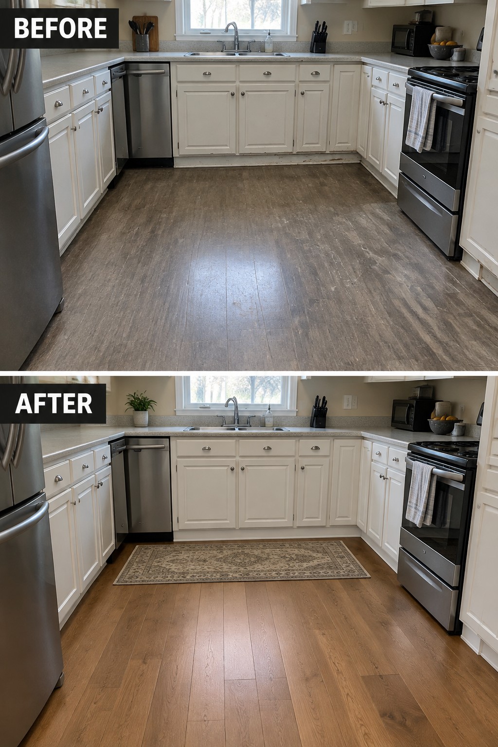 Before-and-after kitchen makeover image showing worn dark flooring replaced with lighter wood-look planks and a runner.
