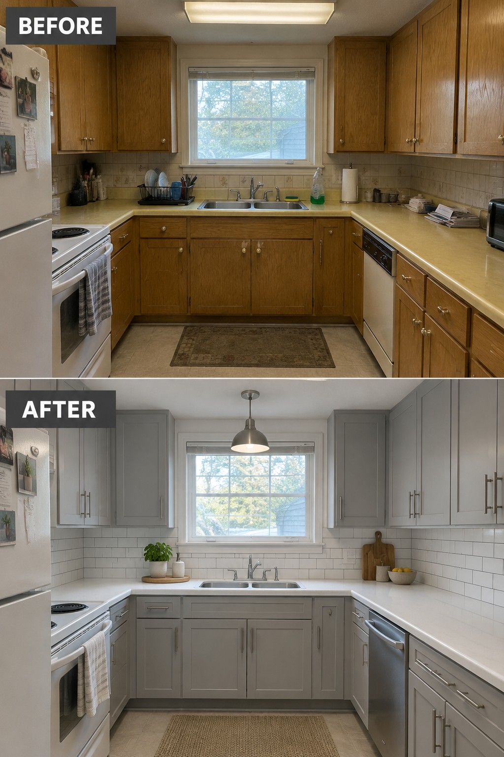 Before-and-after kitchen makeover image showing wood cabinets updated with gray paint, along with a white backsplash and countertops.