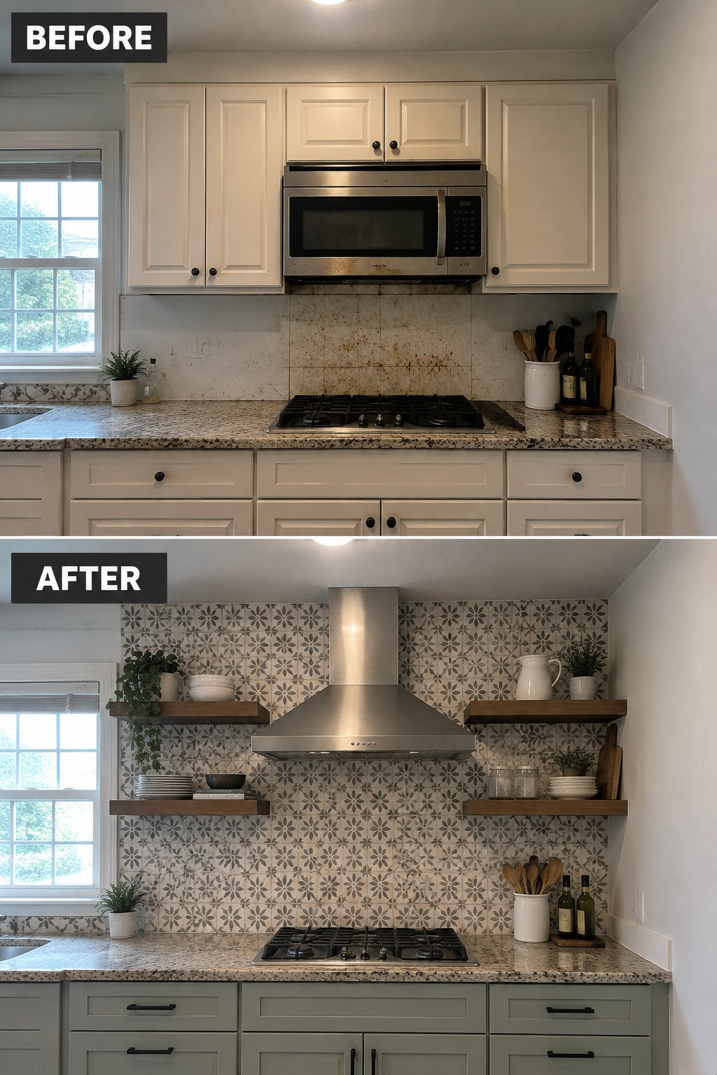 Before-and-after kitchen makeover image showing upper cabinets replaced with open wooden shelves, a patterned backsplash, and a stainless steel range hood.
