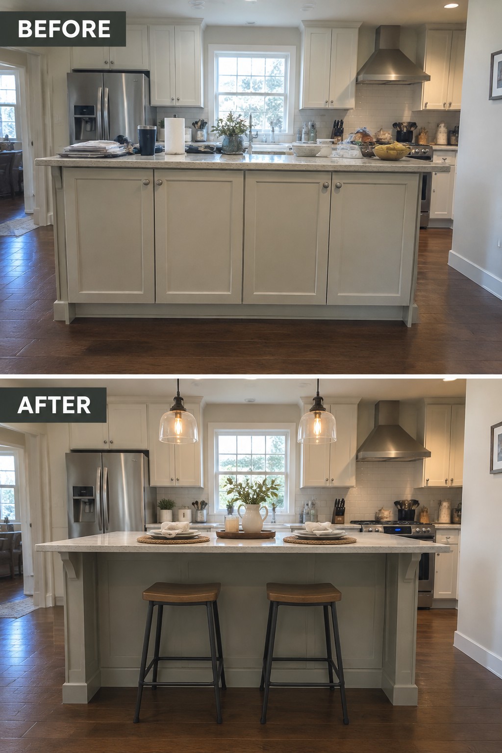Before-and-after makeover image of a kitchen island changed from a solid cabinet front to an overhanging counter with two stools.
