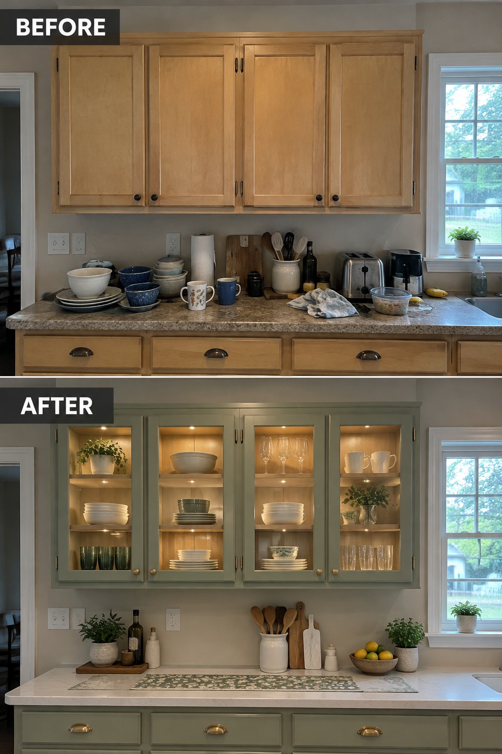 Before-and-after makeover image of a kitchen with wood cabinets updated with sage-green glass-front doors, interior lighting, and a white countertop.