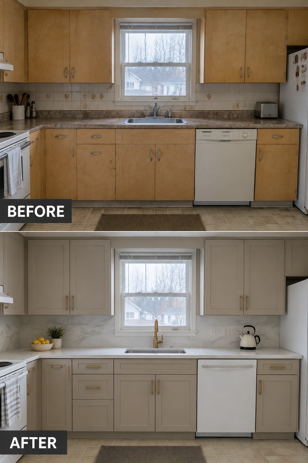 Before-and-after kitchen makeover image showing flat wood cabinets changed to taupe shaker-style cabinets with new hardware and a light countertop.