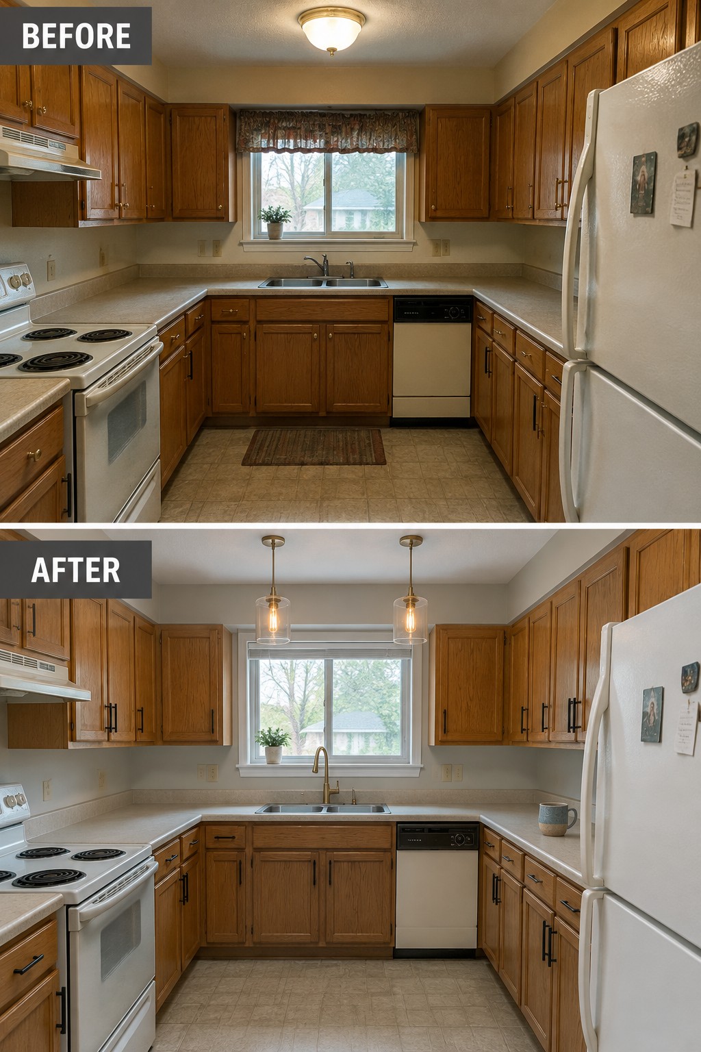 Before-and-after kitchen makeover image showing existing wood cabinets updated with black hardware and new pendant lights.
