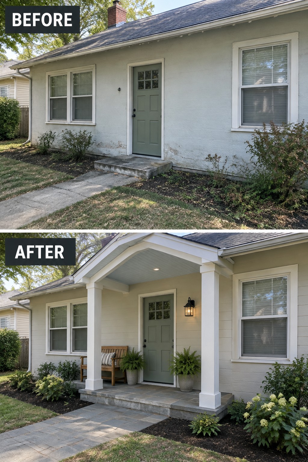 Before-and-after image of a plain house entrance updated with a covered porch, white posts, and a paved walkway.