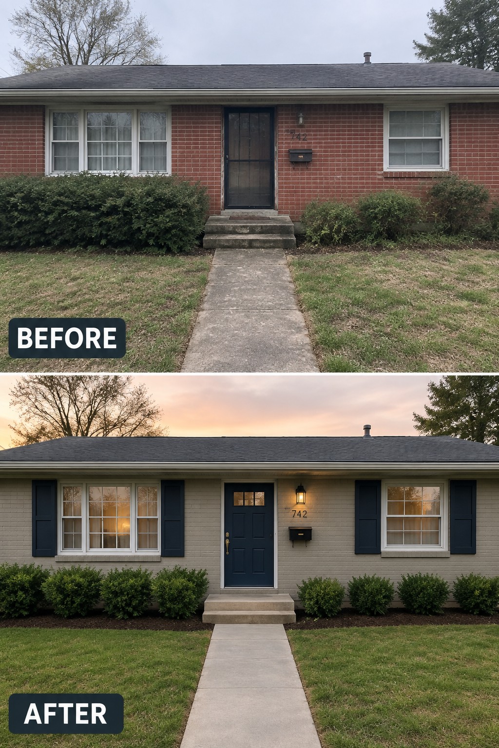 Before-and-after makeover image of a brick house updated with light painted siding, dark shutters, a dark front door, and neater foundation shrubs.
