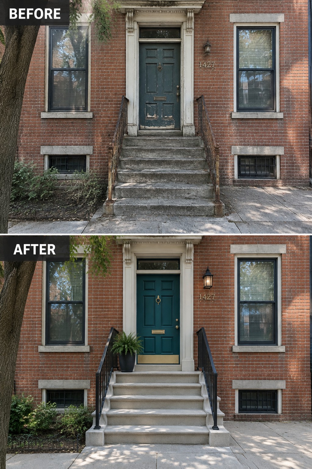 Before-and-after makeover image of a brick house entrance with worn steps and a faded door updated with repaired steps, dark railings, and a teal door.