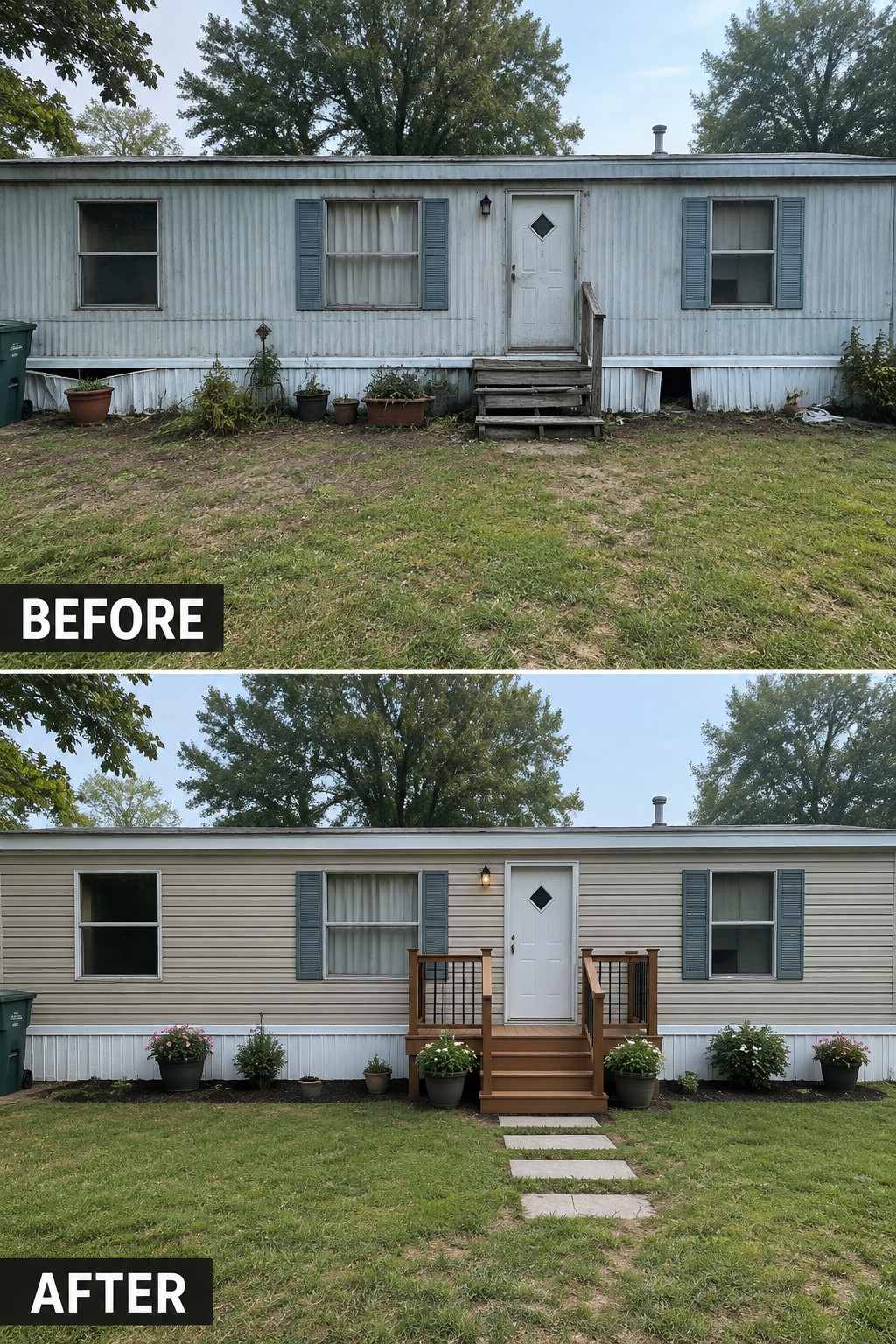 Before-and-after makeover image of a mobile home exterior changed from weathered vertical siding to clean beige horizontal siding.