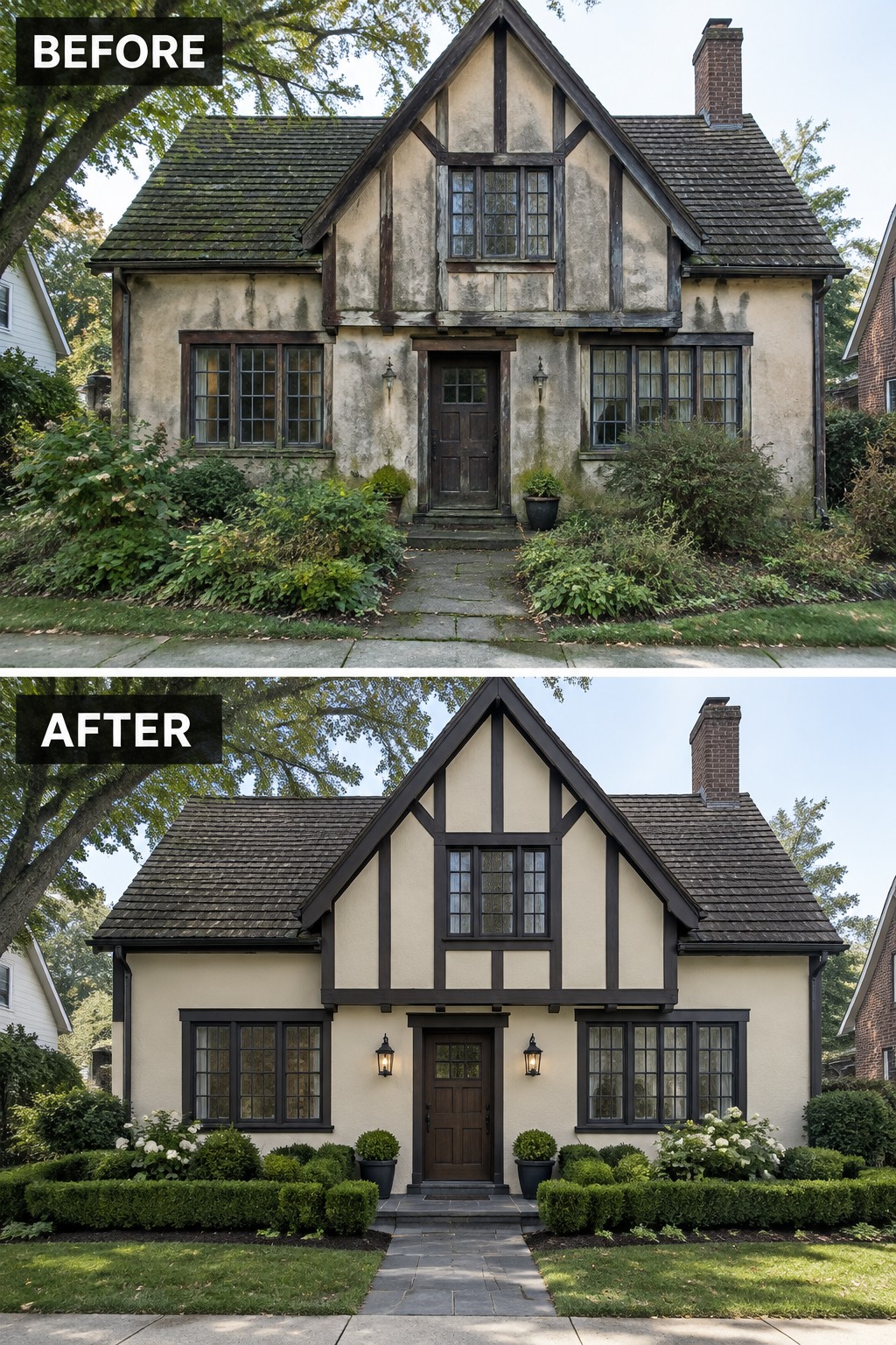 Before-and-after makeover image of a weathered Tudor-style house updated with clean light-colored walls and dark exterior trim.