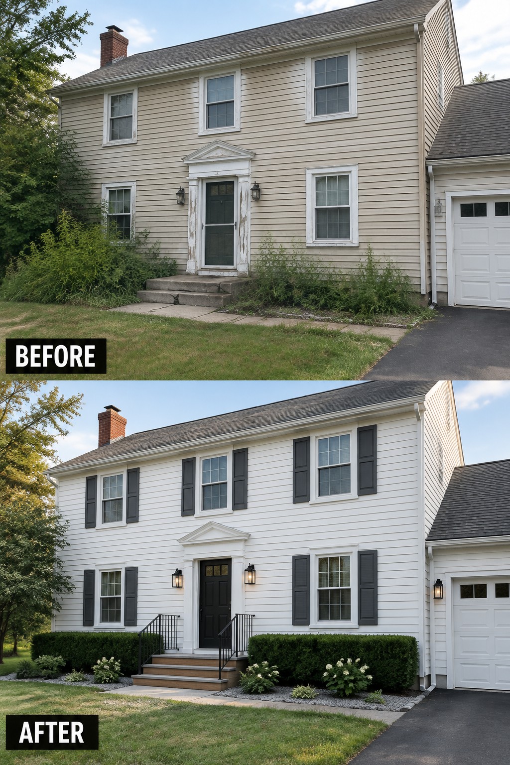 Before-and-after image of a beige house exterior updated with white siding, dark shutters, and a refreshed front entry.