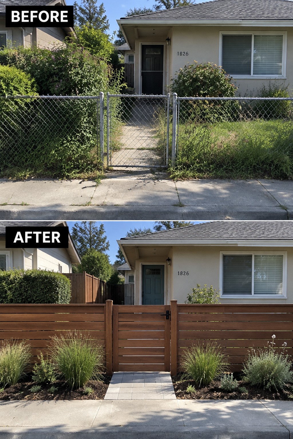 Before-and-after makeover image of an overgrown front yard with a chain-link gate changed to a tidy yard with a wood fence, paved walkway, and planting beds.
