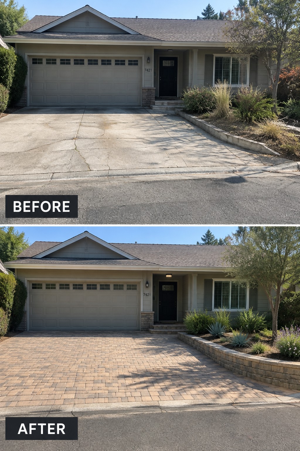 Before-and-after makeover image showing a cracked concrete driveway replaced with tan pavers in front of a house.