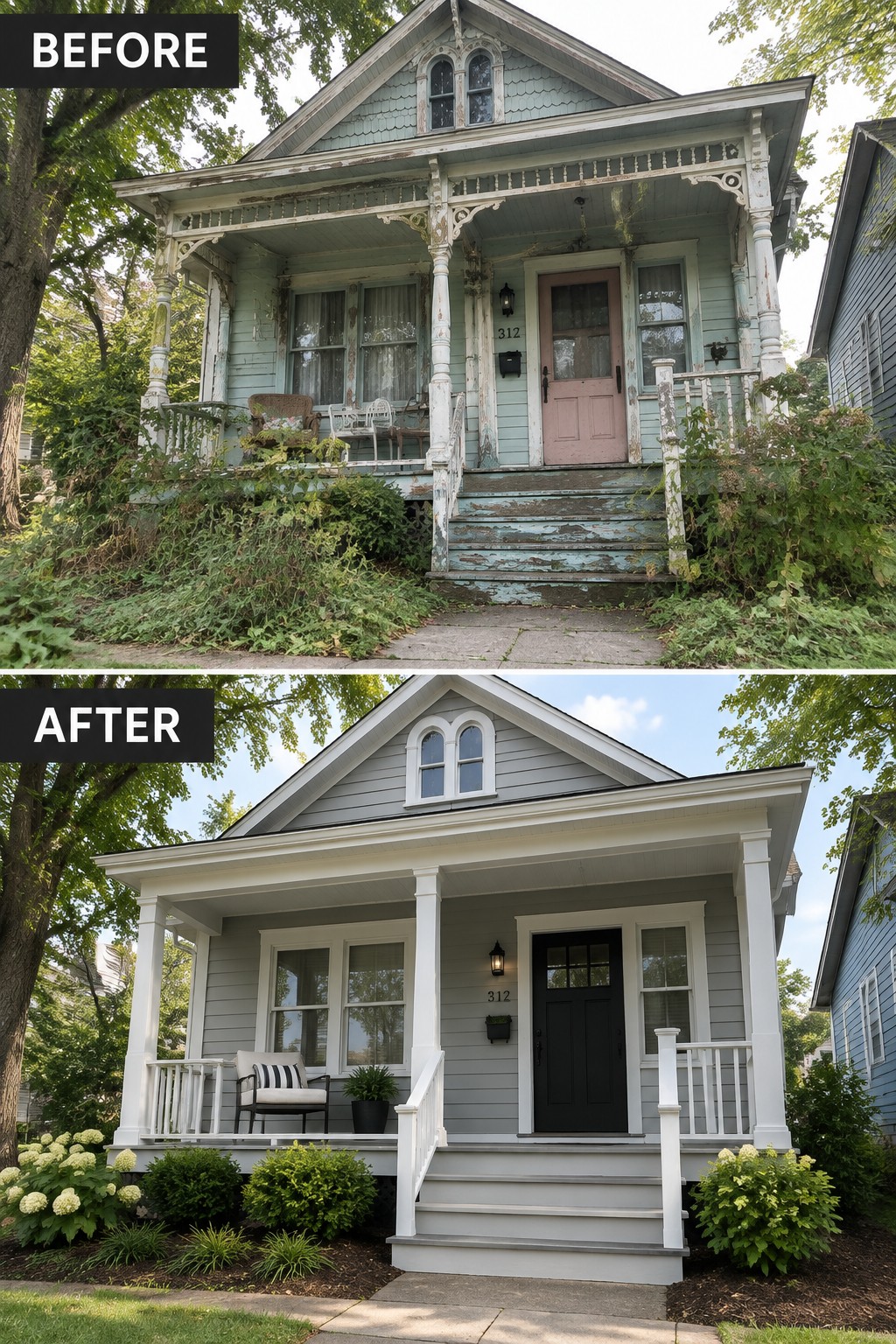 Before-and-after makeover image of an aging house exterior with a worn porch updated with gray siding, white trim, new steps, and a black front door.