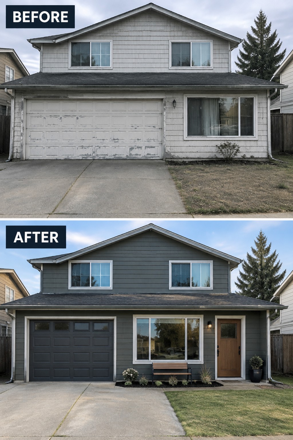 Before-and-after image of a house exterior with worn light siding updated to charcoal siding, a dark garage door, and a wood front door.