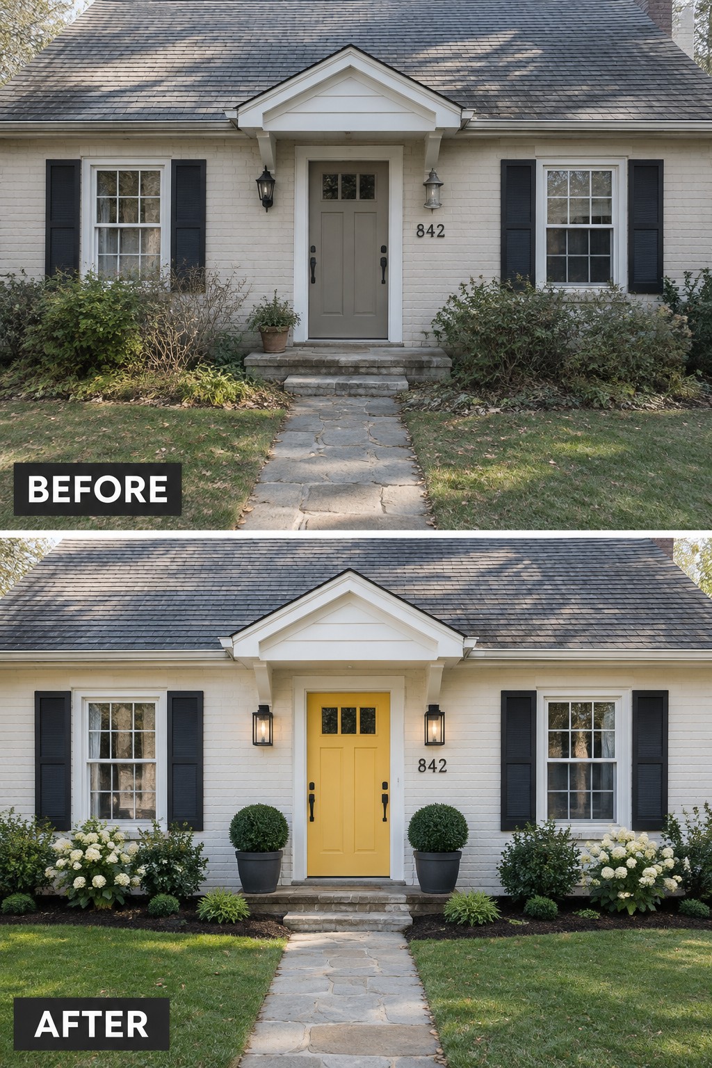 Before-and-after image of a white house with a muted front door updated to a yellow door and refreshed entry planting.